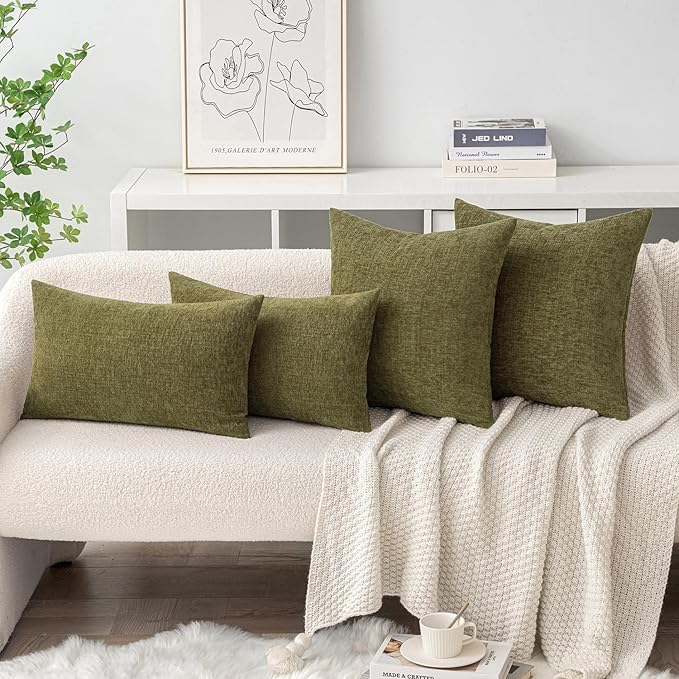 MIULEE Pack of 2 Couch Throw Pillow Covers 18x18 Inch Soft Olive Green Chenille - Image 4