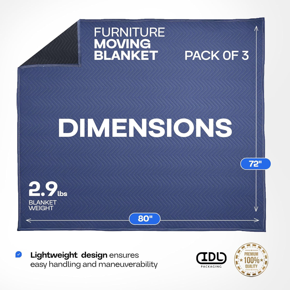 Large Moving Blanket 80" x 72", Blue/Black Color (Pack of 3) - Heavy-Duty Furniture Pad for Moving & Wrapping - Thick Packing Blanket for Furniture Protection - Padded Mover Cover by IDL Packaging