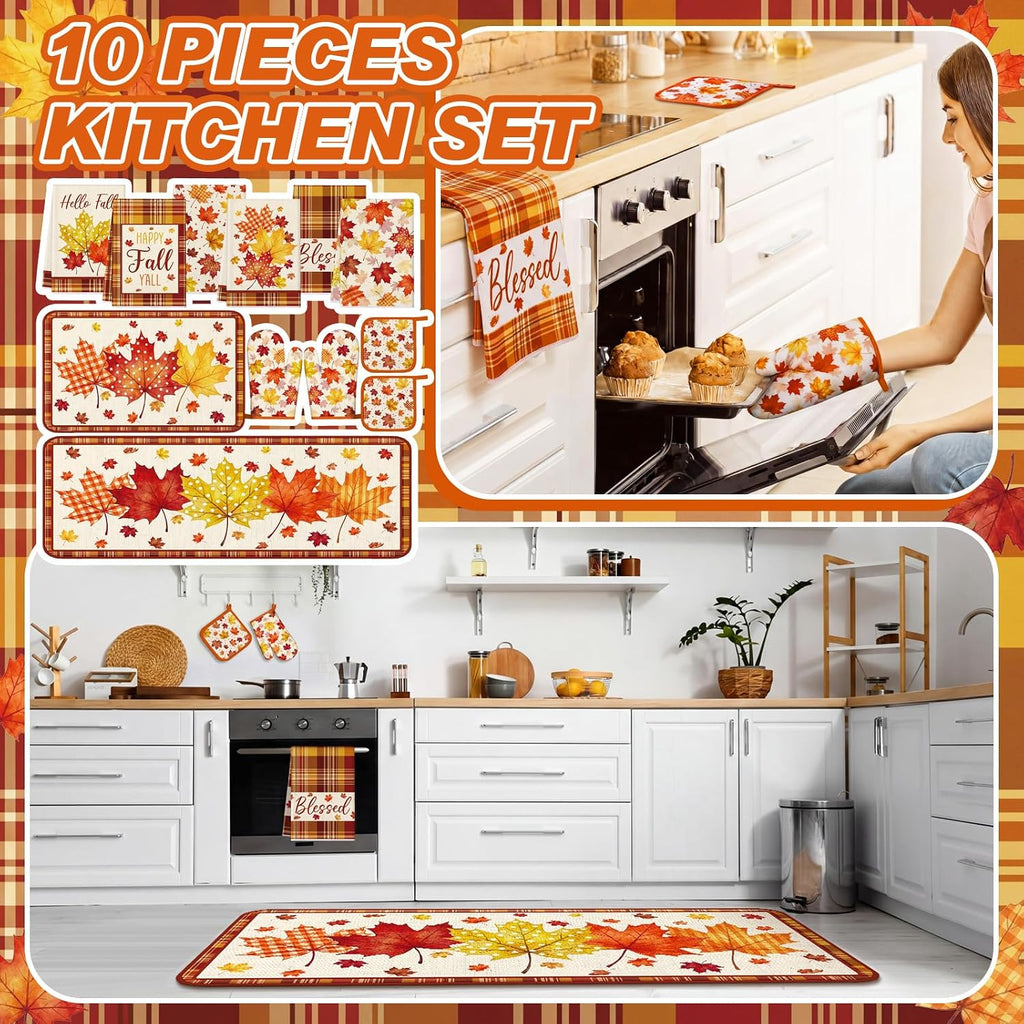 Bencailor 12 Pcs Fall Kitchen Decor Sets 6 Maple Leaves Kitchen Towels 2 Rugs 2 Pot Holder and Oven Mitts for Autumn Home Decorations Accessories Gifts
