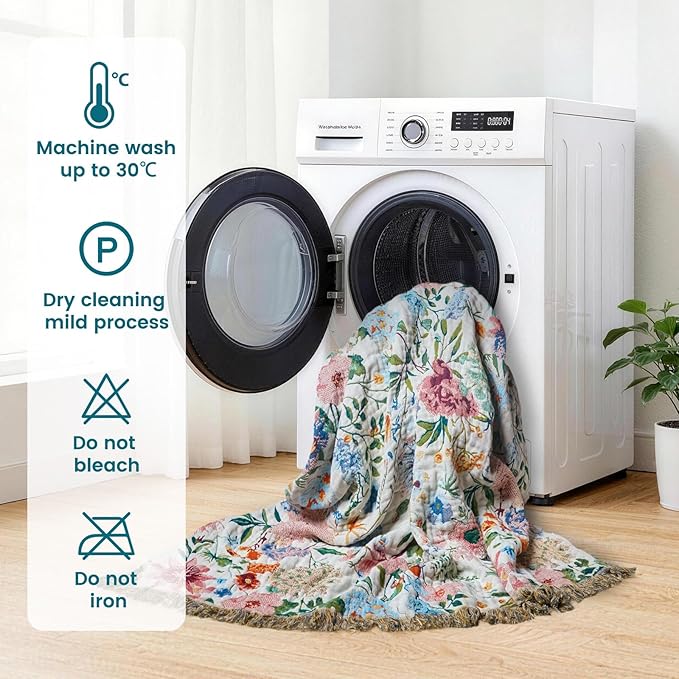 MSGKV Boho Throw Blanket 50"x60" Couch Floral 100% Cotton Blanket Spring - Image 7
