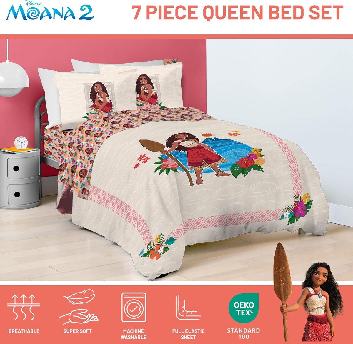 Disney Moana Queen Comforter Set 7 Piece Kids Bedding for Girls, Beige