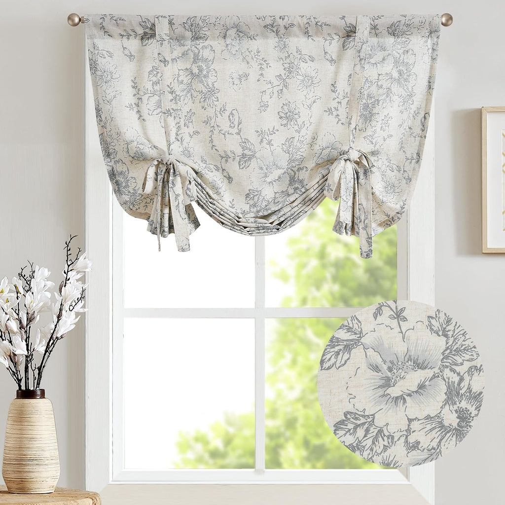 JINCHAN Tie Up Valance Curtain Floral for Windows 45 Inch 1 Panel Grey