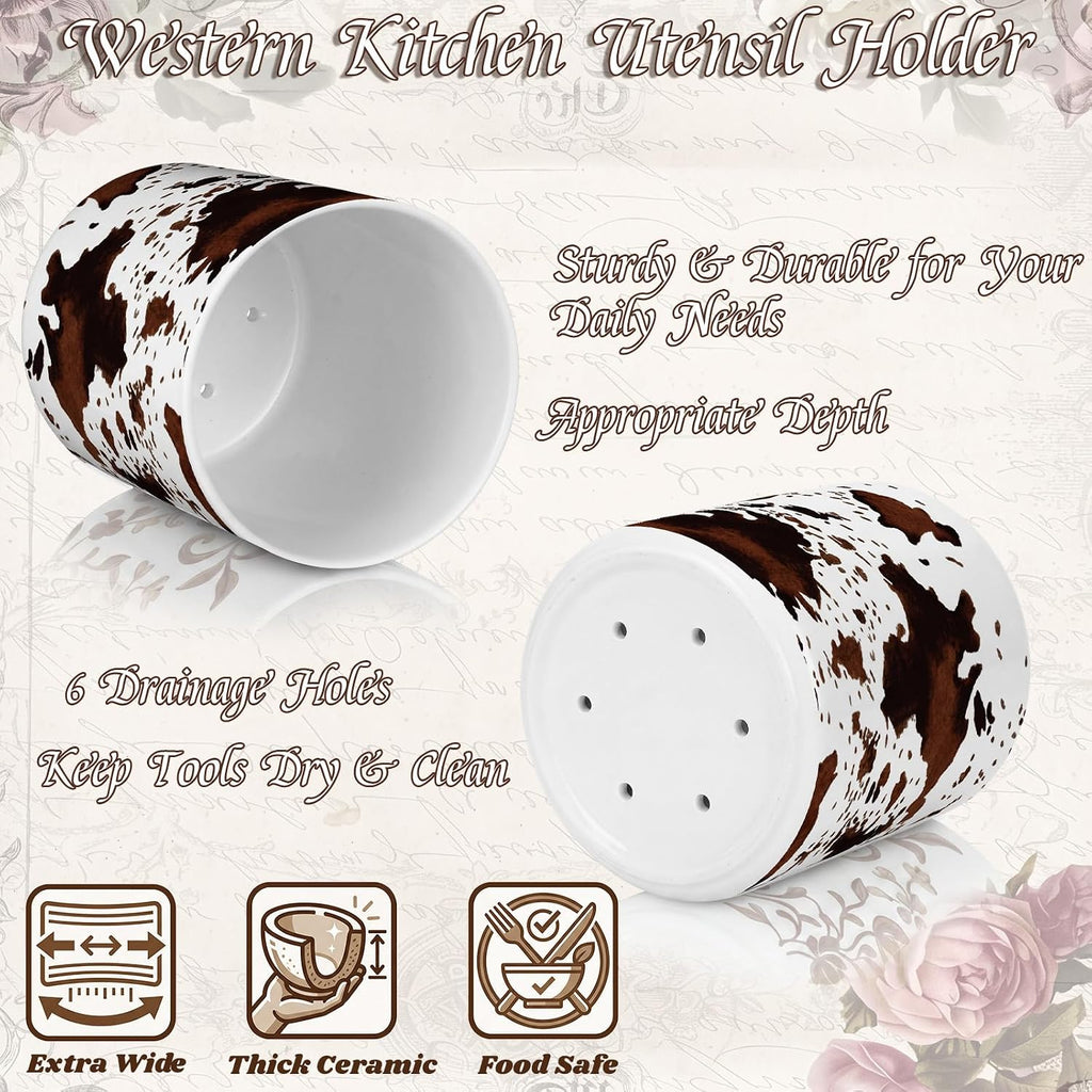 Potchen Western Cowhide Ceramic Utensil Holder 6.3 Inch Cowboy Rustic Kitchen Utensil Crock Vintage Countertop Storage Organizer Container for Spatulas Spoons Home Cooking Decoration