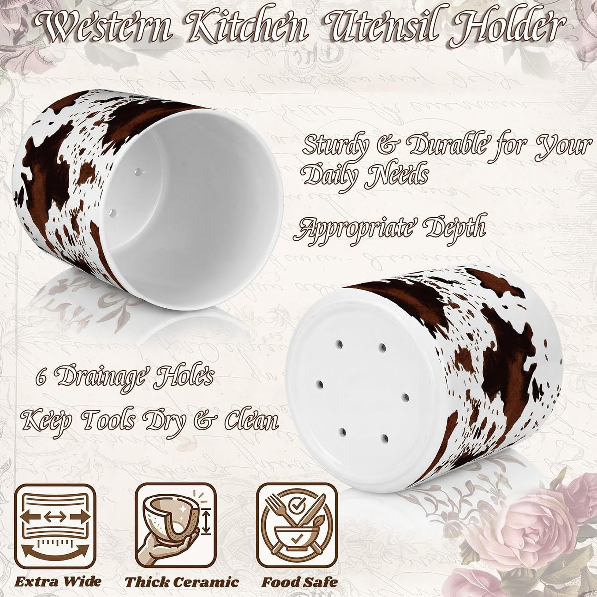 Potchen Western Cowhide Ceramic Utensil Holder 6.3 Inch Cowboy Rustic Kitchen Utensil Crock Vintage Countertop Storage Organizer Container for Spatulas Spoons Home Cooking Decoration