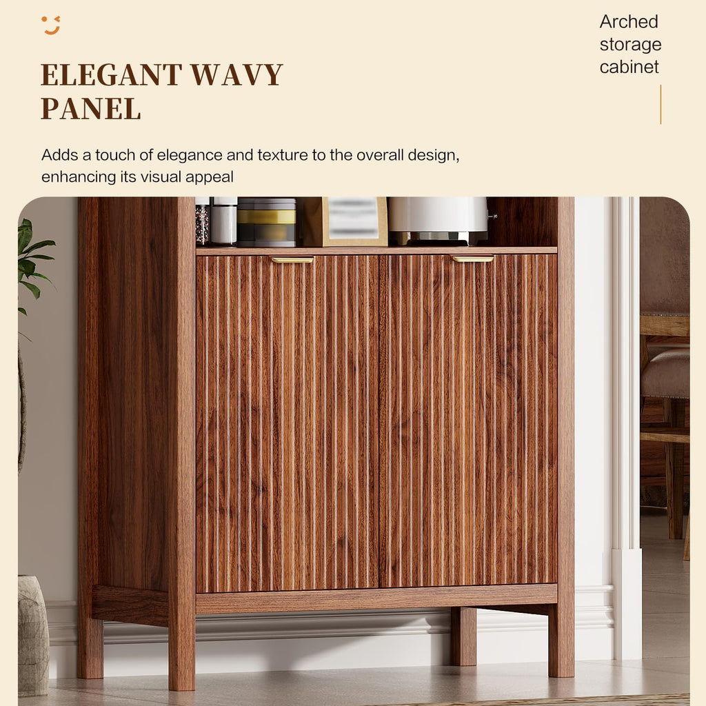 Ieejdn 71" Tall Arched Kitchen Pantry,Modern Fluted Wood Storage Cabinet with Doors,Adjustable Shelves,Organizer, Versatile Cupboard for Kitchen,Living Room,Dining Room,Bathroom,Brown