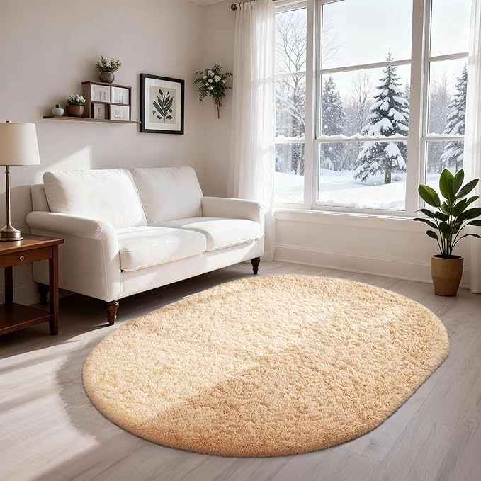 Ophanie 4x6 Oval Beige Rugs for Bedroom Living Room, Fluffy Fuzzy Furry Carpet - Image 6