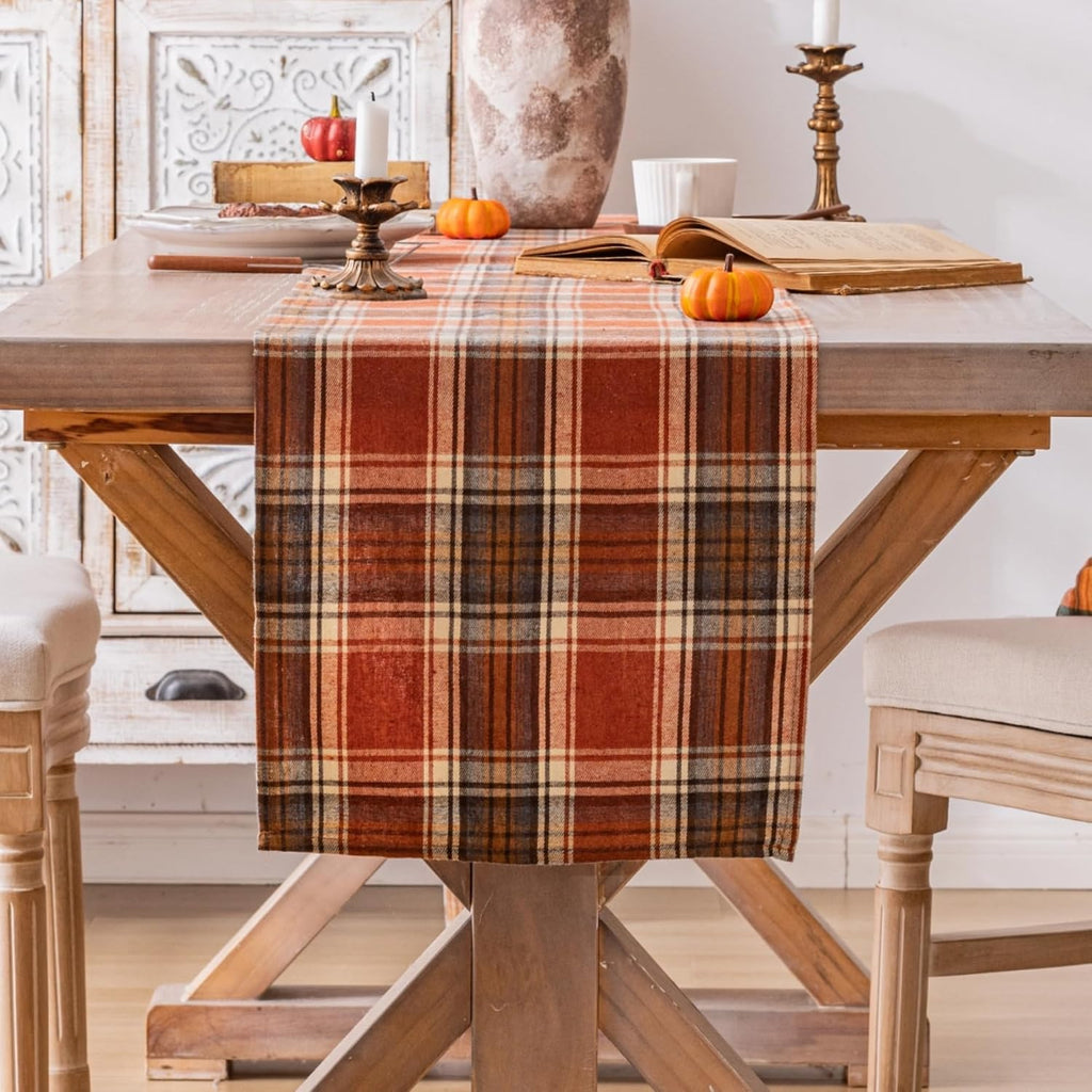 AQOTHES Plaid Fall Thanksgiving Rust Orange Table Runners 90 inches Long