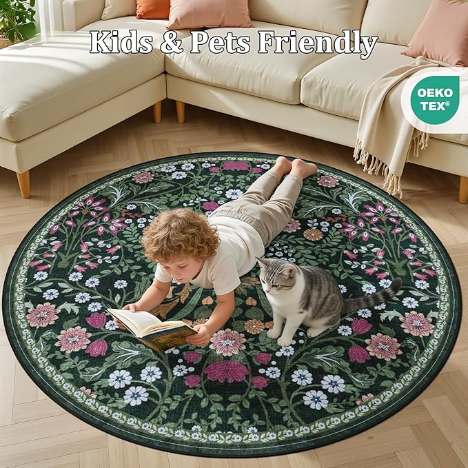 Round Area Rug for Living Room: 4 ft Floral Washable Circle Rug Soft Boho - Image 8