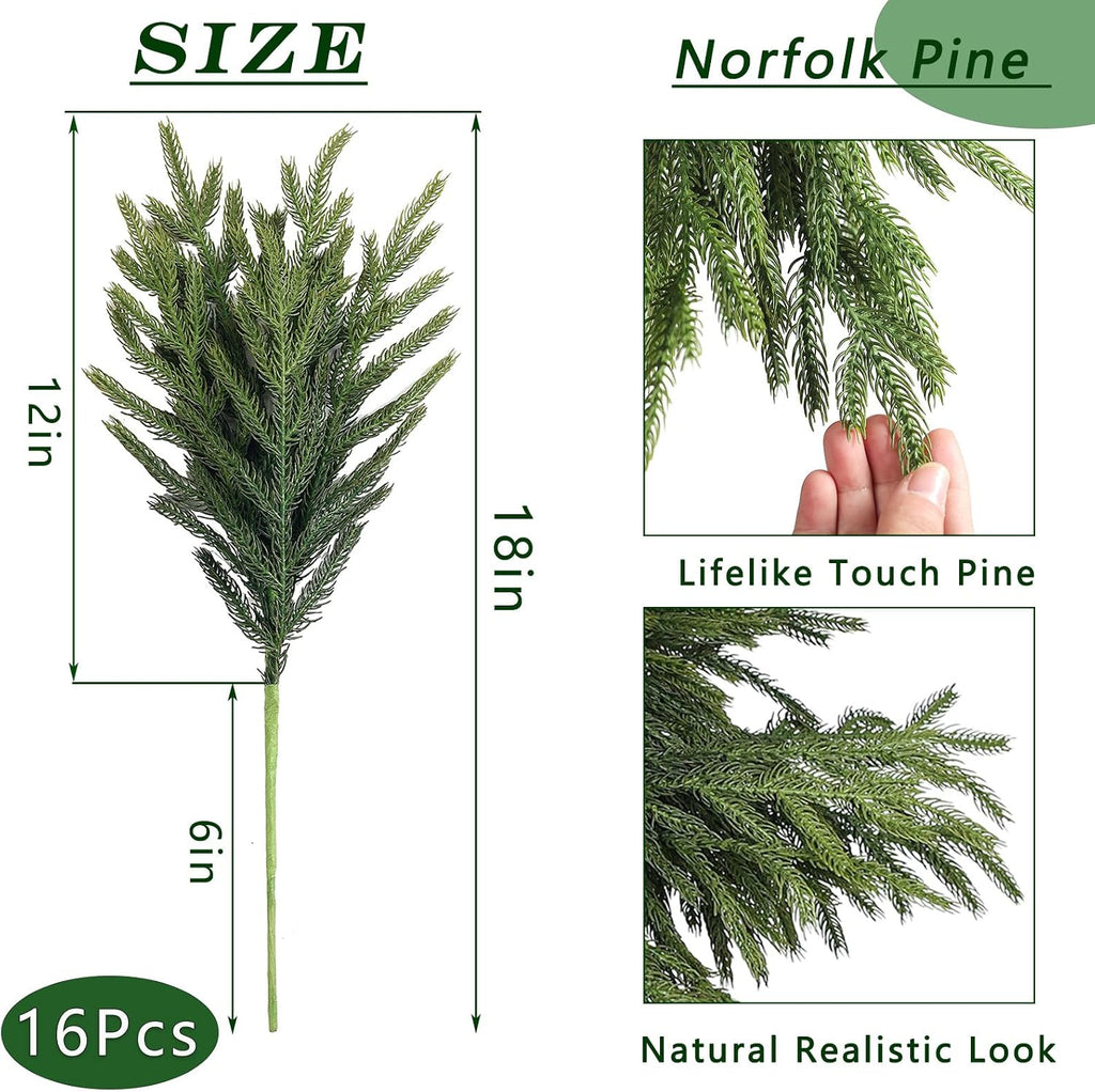16Pcs 18"Lifelike Touch Artificial Norfolk Pine Branches for Vase Christmas