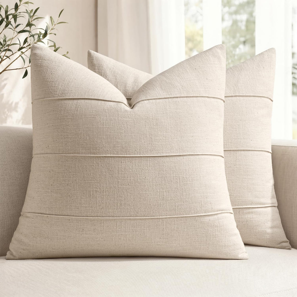 MIULEE Decorative Linen Throw Pillow Covers 20x20 Natural Beige Striped