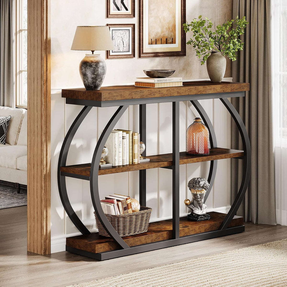 Tribesigns 41.3" Console Table, Industrial 3-Tier Entryway Table with Arched Metal Frame and Storage Shelves for Living Room, Hallway, Rustic Brown