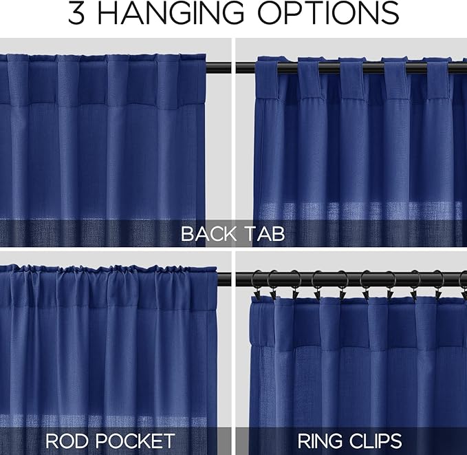 Nanspring Classic Blue Linen Curtains 102 Inches Long Rod Pocket Back Tab - Image 2