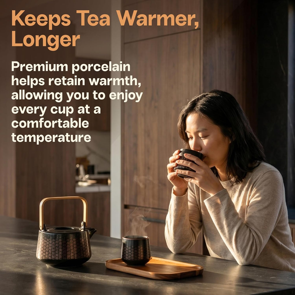 Ceramic Teapot, 1L (33.8 oz), Matte Black Tea Pot with Foldable Bamboo Handle and Copper Geometric Design, Serves 4 to 5, Gift Boxed Teapot for Steeping and Serving Tea