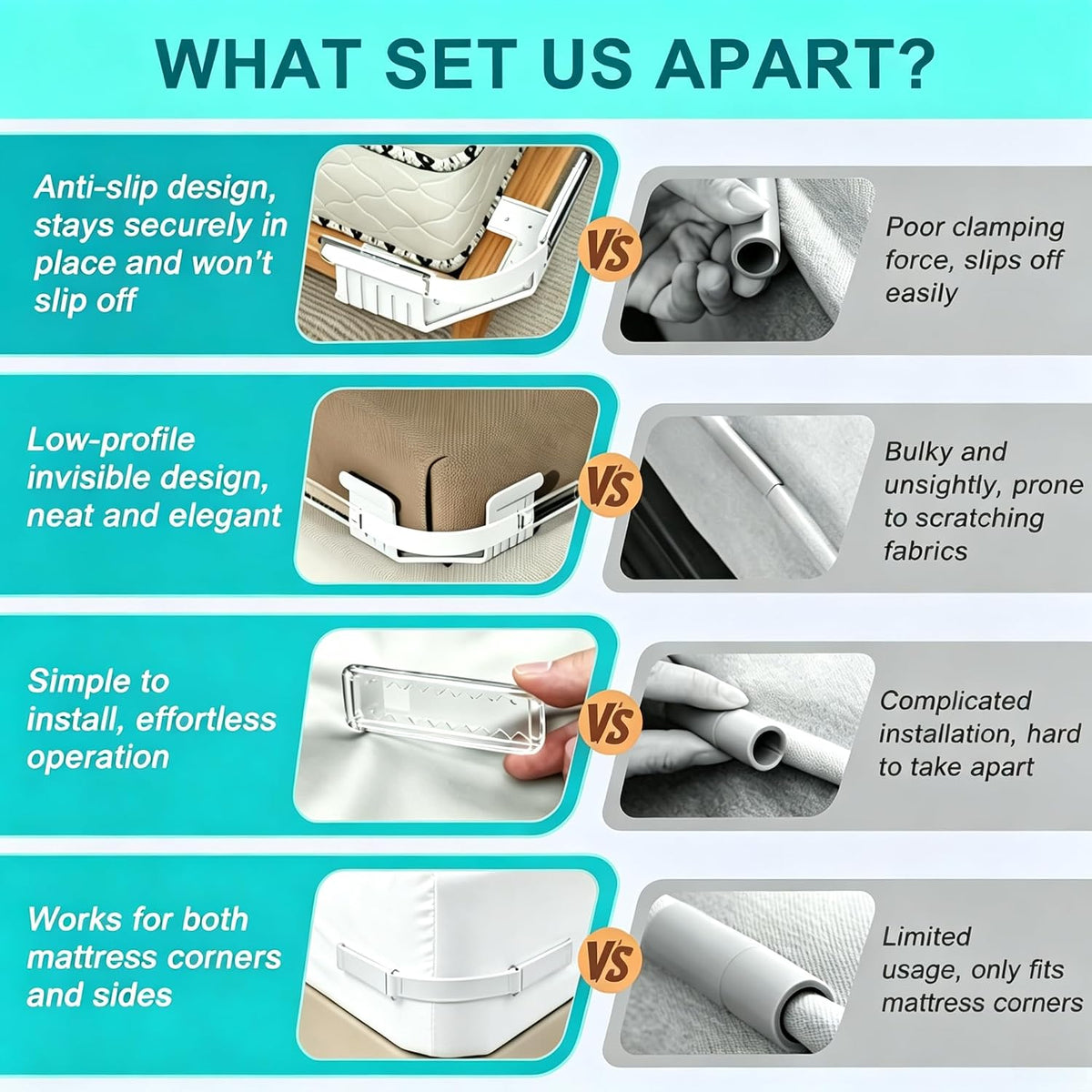 Bed Sheet Corner Holders with Snap‑Lock & Elastic, Fits Various Mattresses