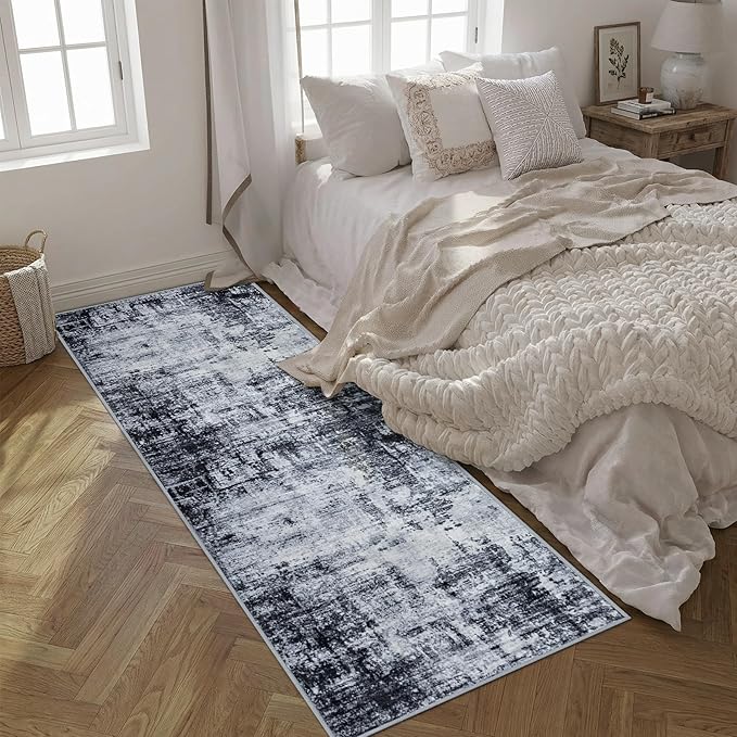 2.6'x8' Runner Rug Washable Rug;Modern Abstract Soft Thin Runner Rug Dark-Black - Image 4