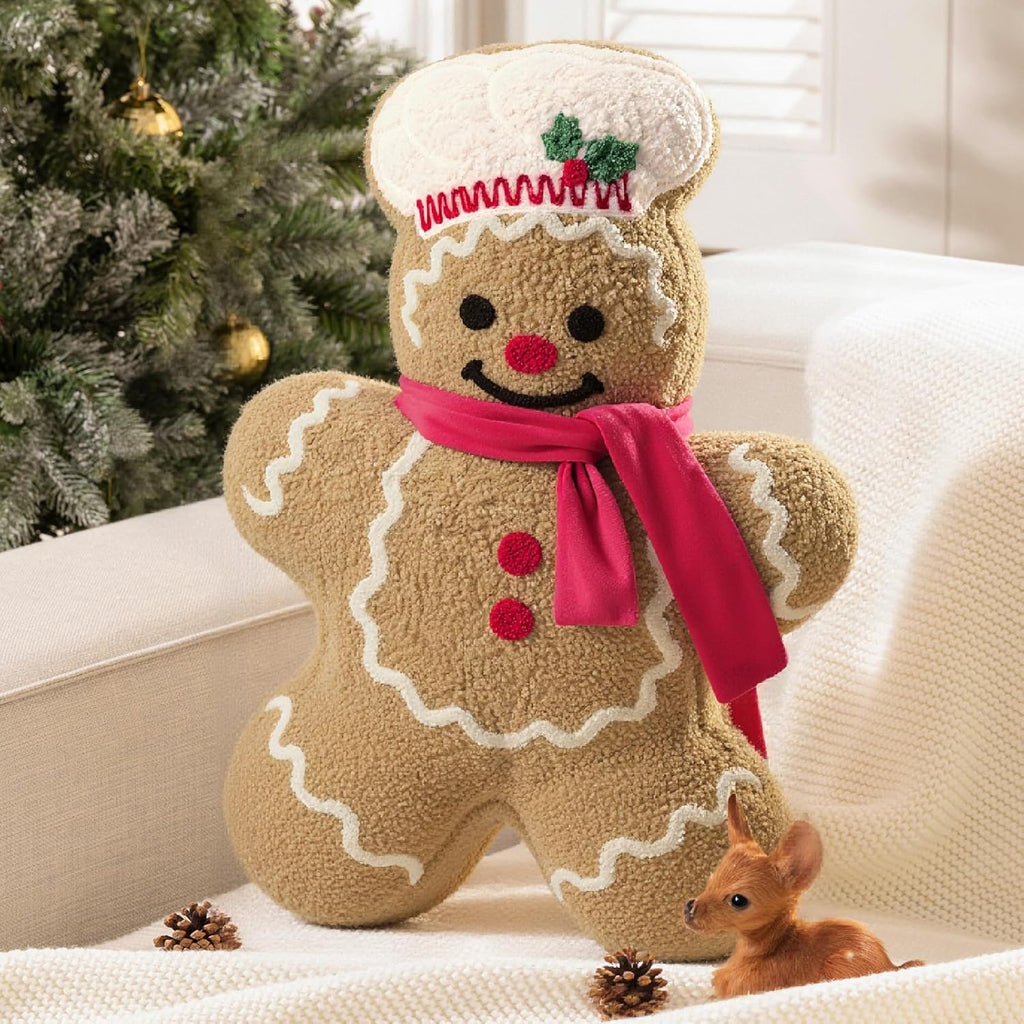 Phantoscope Gingerbread Man Merry Christmas Throw Pillow, Plush Teddy Xmas Gingerbread Shaped Pillows Christmas Decorative Pillow for Couch Living Room Bed, Beige,13 x 17 inches