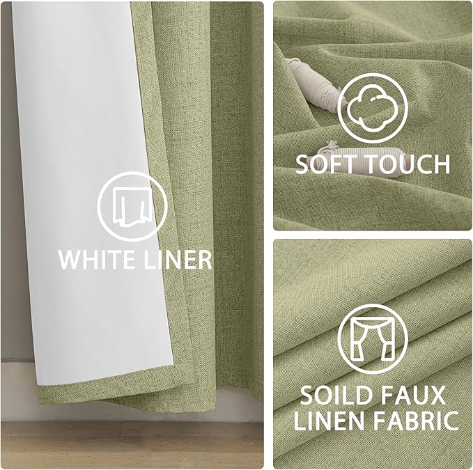 Yakamok Sage Green Linen Curtains 100% Blackout 90 Inches Long, Room Darkening - Image 6