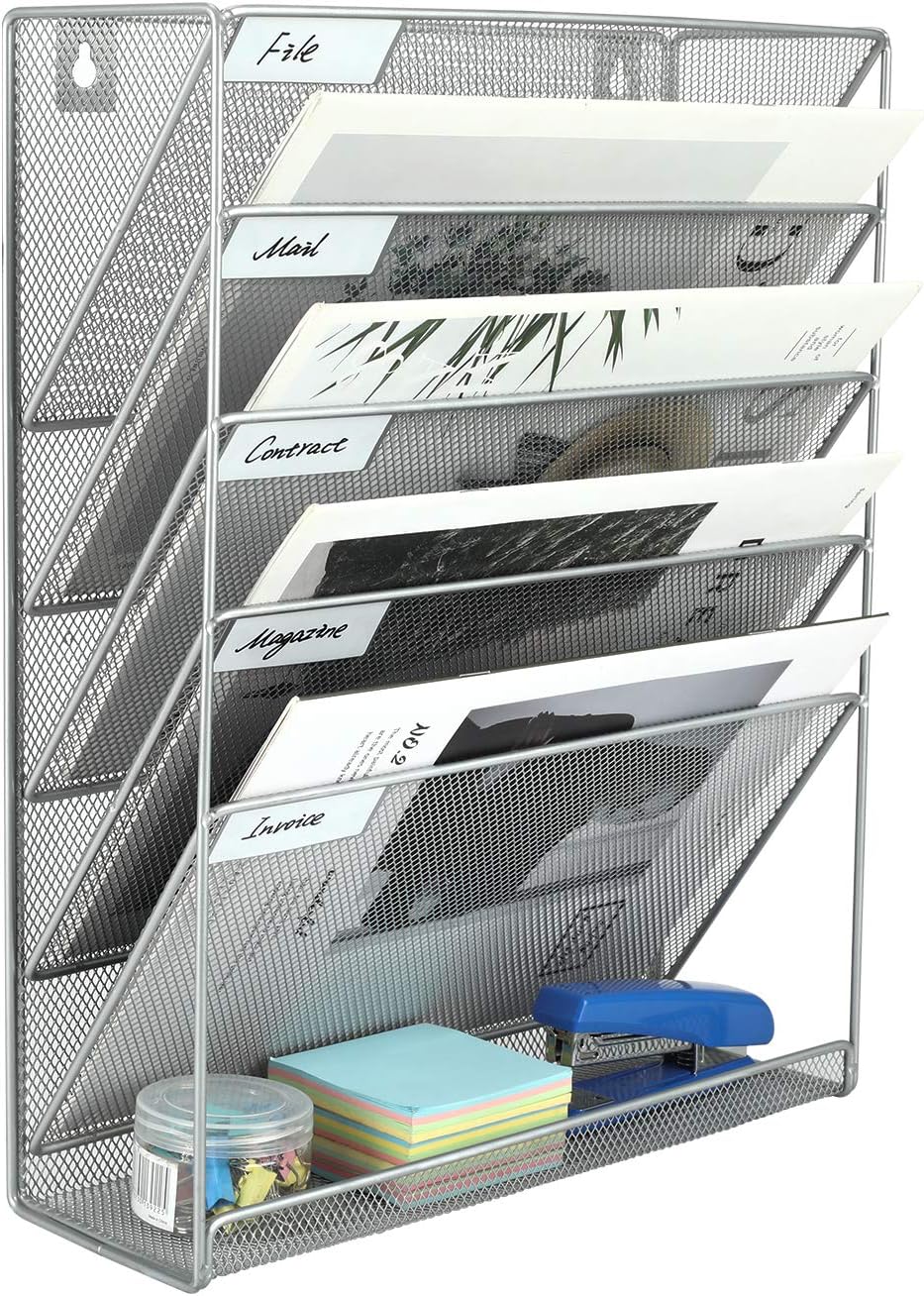 EasyPAG 5 Tier Wall File Holder, Mesh Hanging Folder Organizer with Classify Label, Versatile Desk File Holder, Vertical Wall Mounted Mail Organizer for Office Home Cubicle, Pink