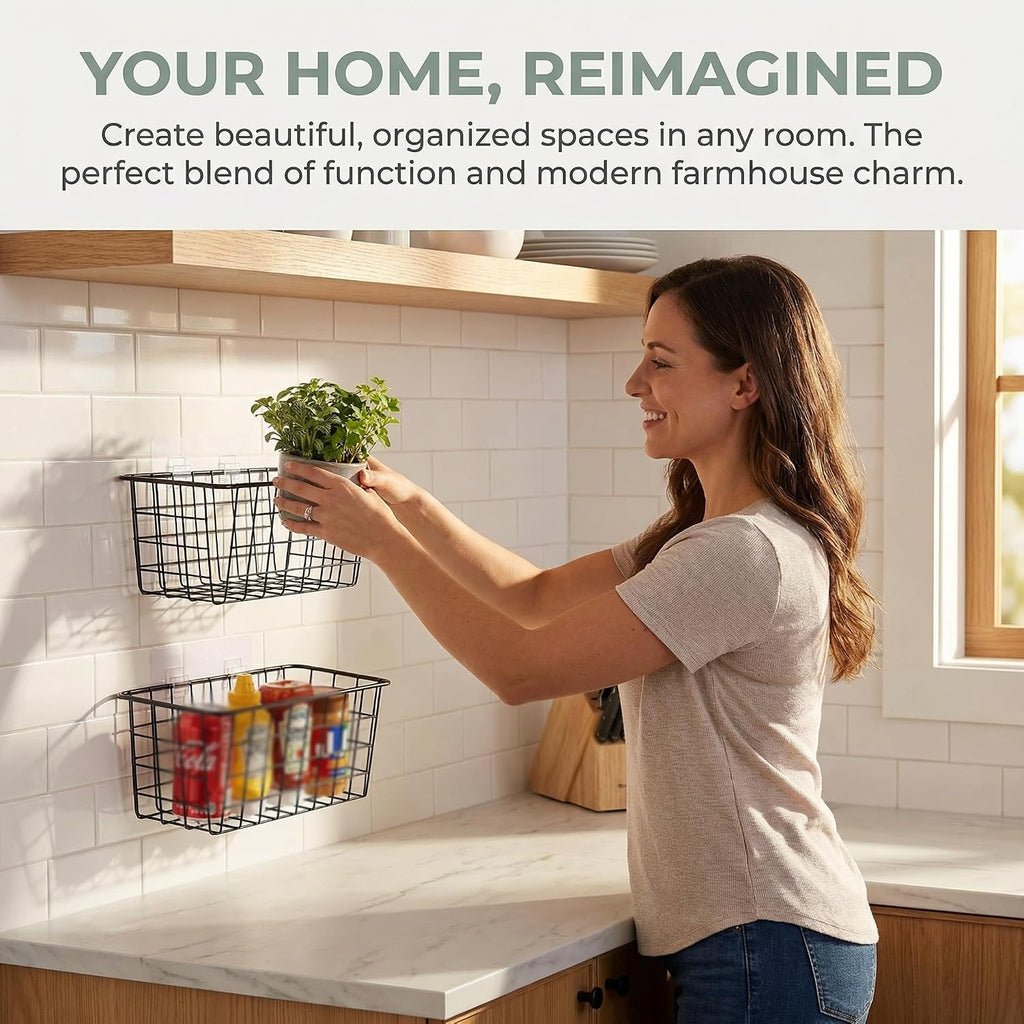 2 Set Adhesive Hanging Wall Basket Inside Cabinet Door Organizer,Wall Storage Basket-No Drilling Adhesive wall Basket for Cupboard Door,Space-Saving Small Hanging Baskets for Wall Mount Storage,Black