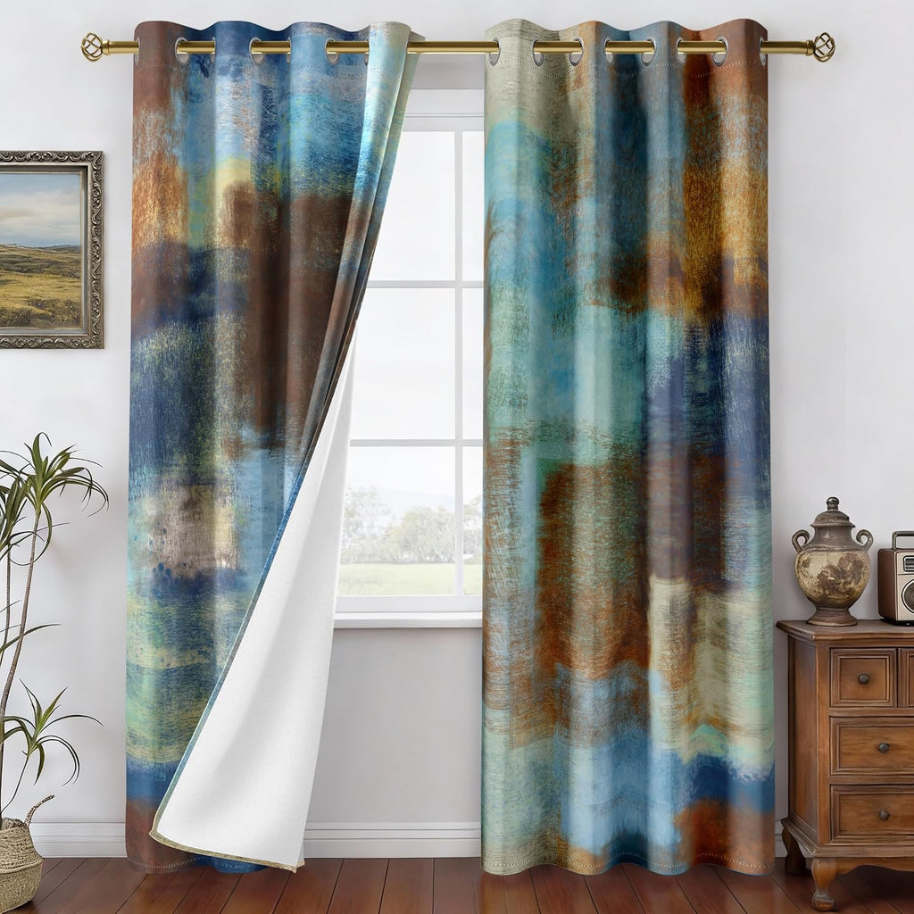 Blue Rust Abstract Curtains for Living Room Bedroom, 52W x 84L, 2 Panels