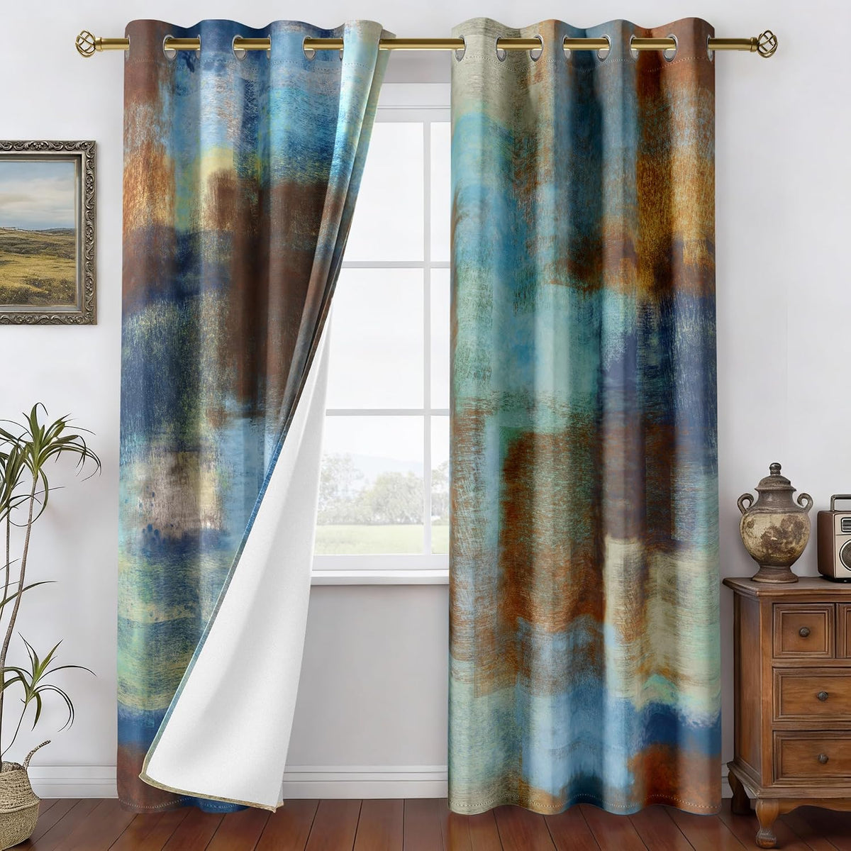 Blue Rust Abstract Curtains for Living Room Bedroom, 52W x 84L, 2 Panels
