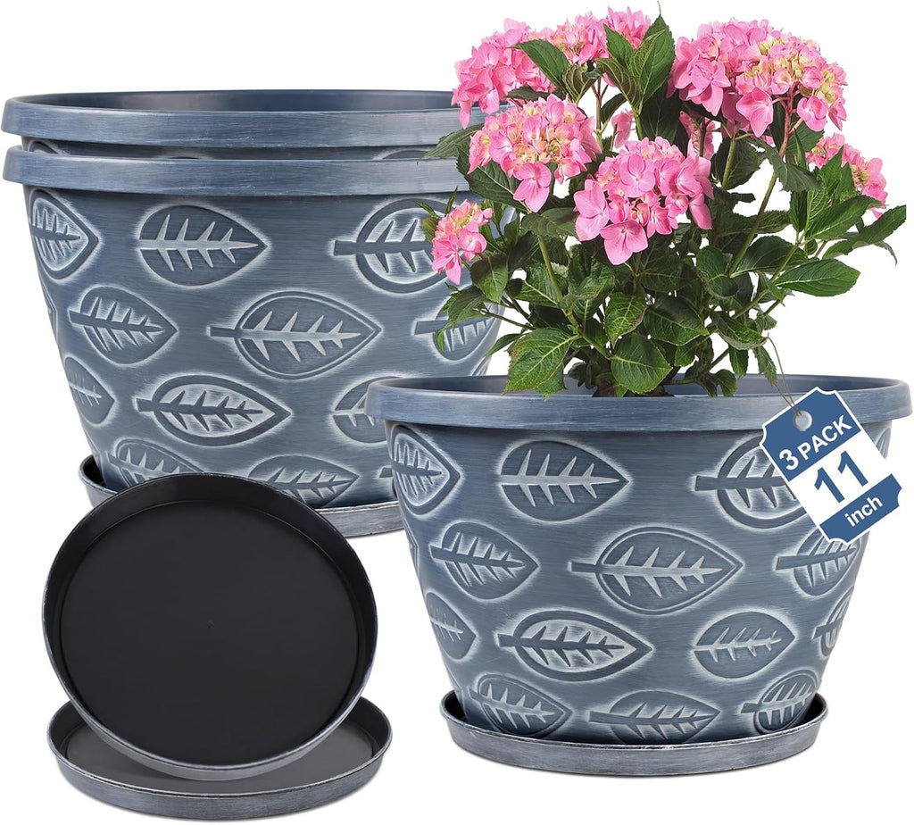 Outdoor Flower Pots Set of 3, 11 Inch, Blue