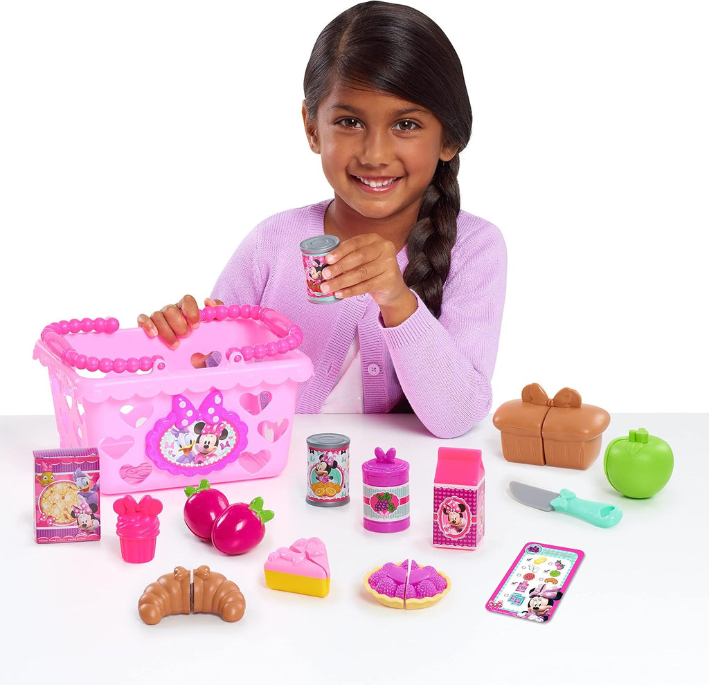 Disney Junior Minnie Bow-Tique Bowtastic Shopping Basket Set with Pretend Food and Accessories, Pretend Play, Kids Toys for Ages 3 Up by Just Play