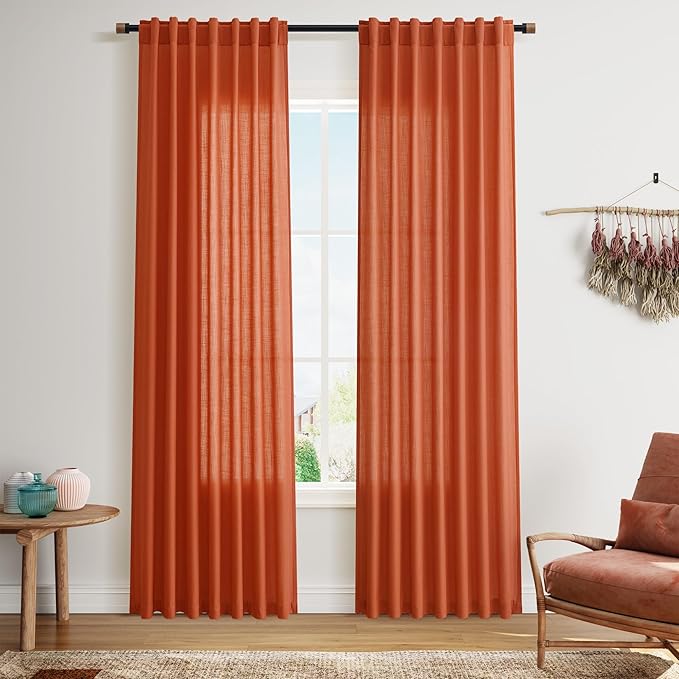 Nanspring Bright Orange Linen Blend Light Filtering Back Tab Curtains 84 Inches by Nanspring