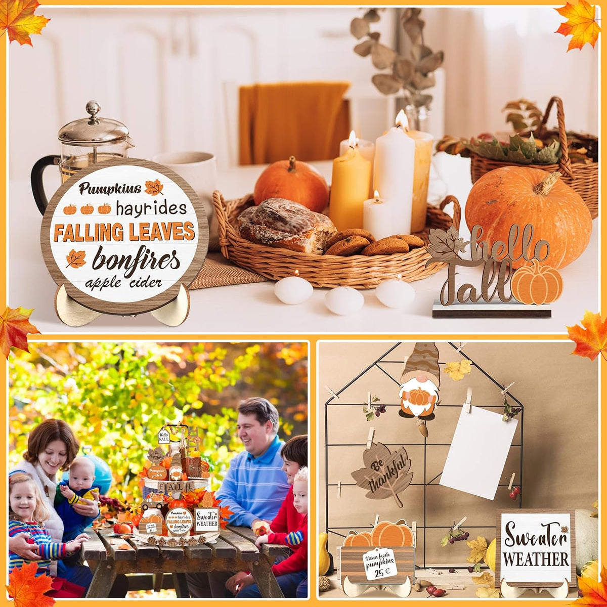 Maitys 21 Pcs Fall Tiered Tray Decor Set Hello Fall Pumpkin Gnome Truck Wood Sign Rustic Farmhouse Thanksgiving Wood Bead Decorative Tabletop Sign for Home Autumn Thanksgiving Harvest Table Shelf