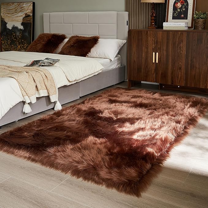 AMTOVO Faux Fur Sheepskin Rug for Living Room, 4 x 6 ft Coffee Fluffy Area Rug - Image 5