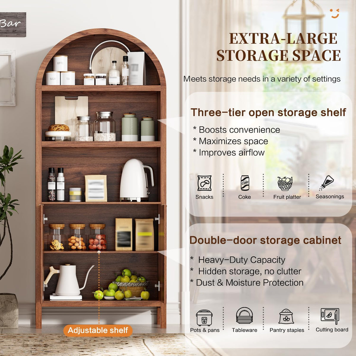 Ieejdn 71" Tall Arched Kitchen Pantry,Modern Fluted Wood Storage Cabinet with Doors,Adjustable Shelves,Organizer, Versatile Cupboard for Kitchen,Living Room,Dining Room,Bathroom,Brown