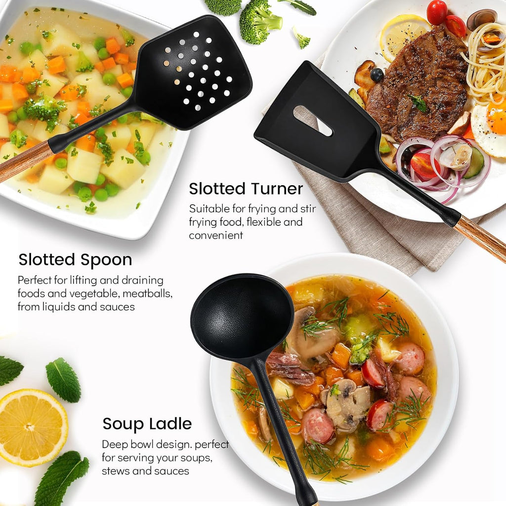 Silicone Cooking Utensils Set, 7PCS Silicone Kitchen Utensils with Wooden Handles, Heat Resistant Spatula Spoon Turner with Hanging Rope,Gadgets Utensil Set for Non-Stick Cookware BPA Free (Black)
