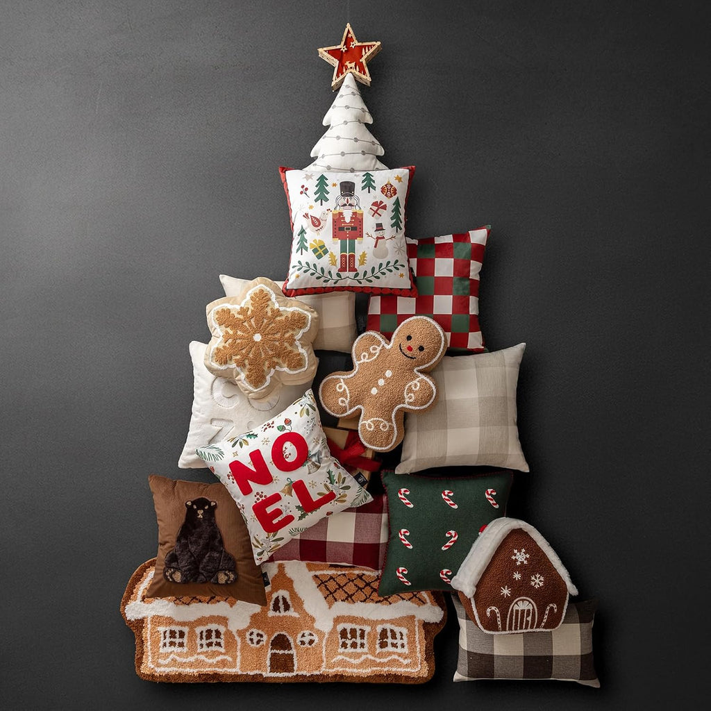 Phantoscope Gingerbread Man Merry Christmas Throw Pillow, Plush Teddy Xmas Gingerbread Shaped Pillows Christmas Decorative Pillow for Couch Living Room Bed, Beige,13 x 17 inches