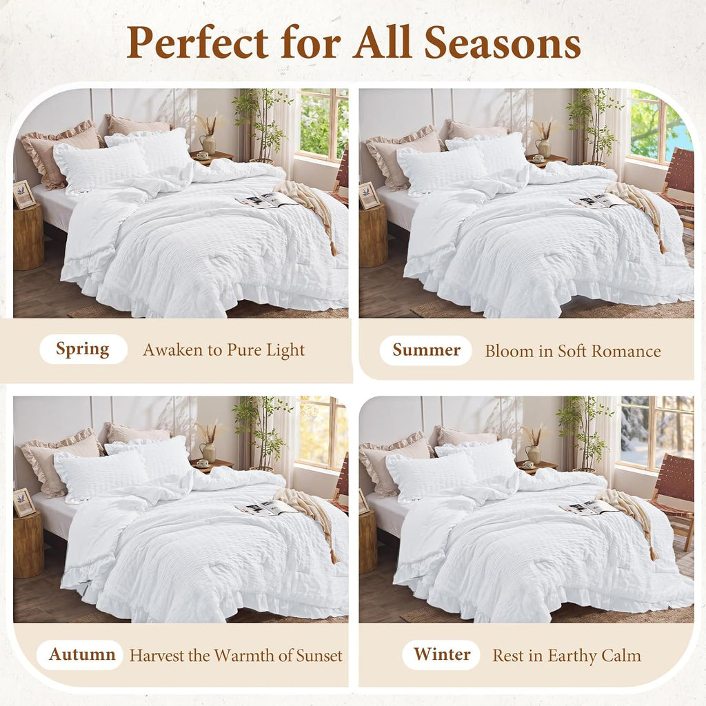 JOLLYVOGUE Bright White Queen Comforter Set,3pcs Ruffle Seersucker Bed Set