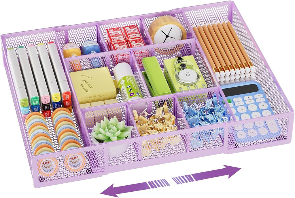 Marbrasse Expandable Desk Drawer Organizer, Mesh Drawer Organizer Tray with 10 Adjustable Compartments, Desk Organizers and Accessories for Office Supplies, Makeup & Vanity (Expandable-Purple)