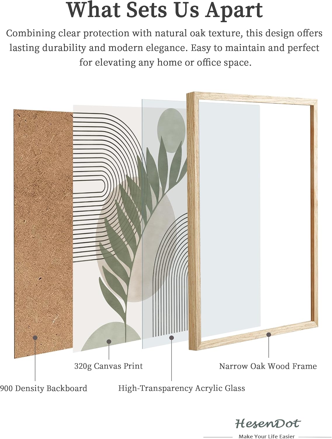 HesenDot 12x16in Boho Sage Green Botanical Natural OAK Wood Framed Wall Art