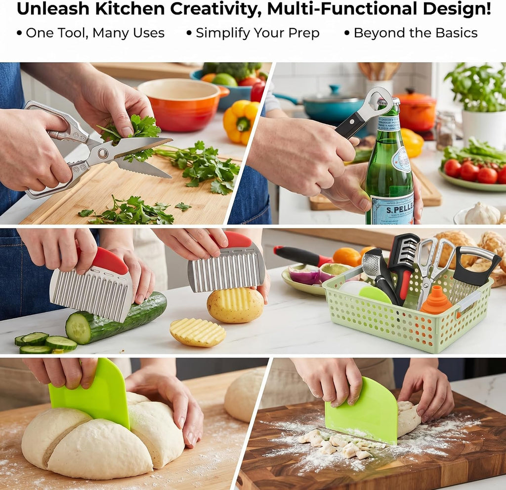 13-Piece Kitchen Gadget Set (Includes Storage Basket) — Features Kitchen Shears, Garlic Press, Knife Sharpener, Julienne Peeler, Standard Peeler, Anti-Scald Tongs (13 PCS)