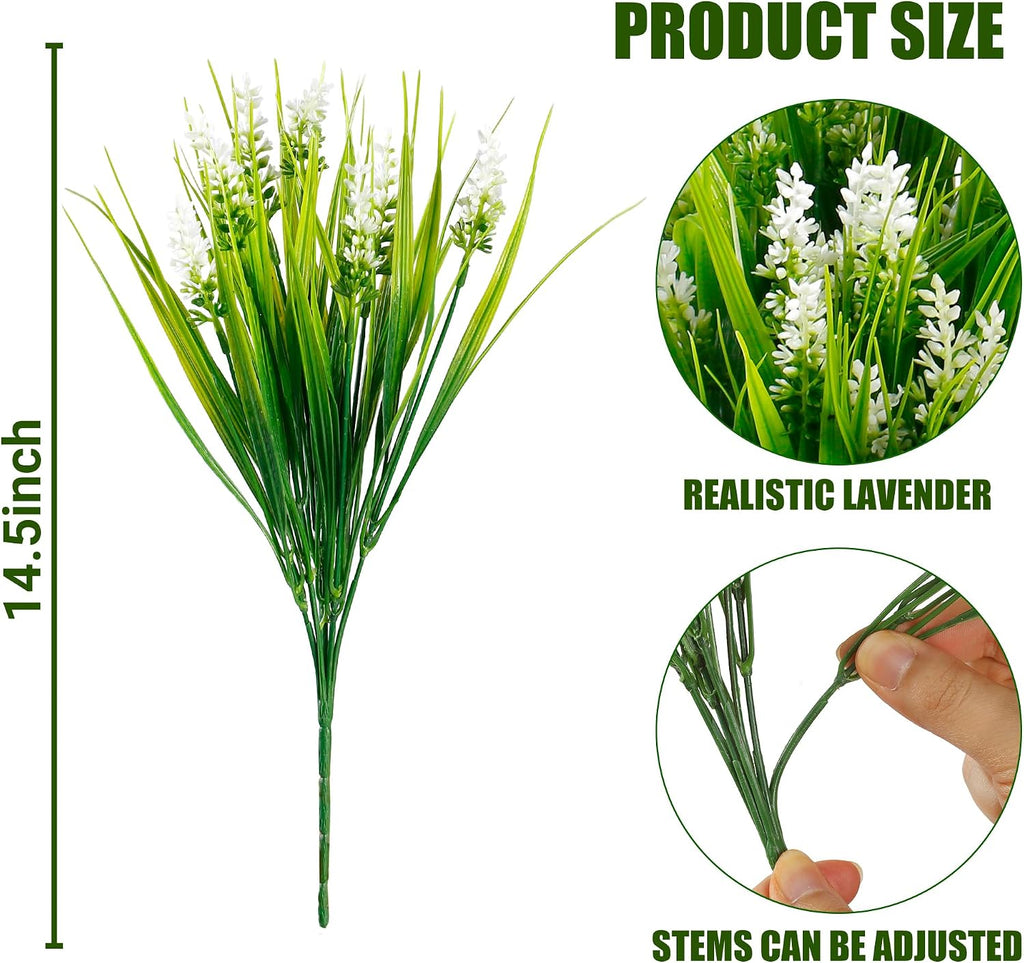 Sggvecsy 24 Bundles Artificial Plants Outdoor Faux Lavender Flowers Fake Monkey Grass UV Resistant Plastic Greenery Plants for Garden Home Porch Window Patio Hanging Planter Indoor Decor (White)
