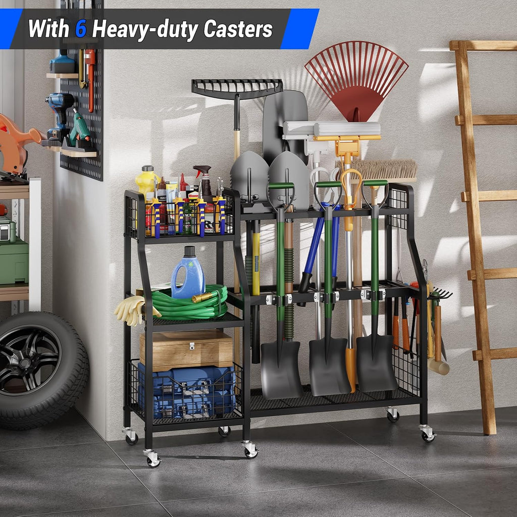 Heavy-Duty Garden Tool Organizer with 6 Wheels and 2 Baskets