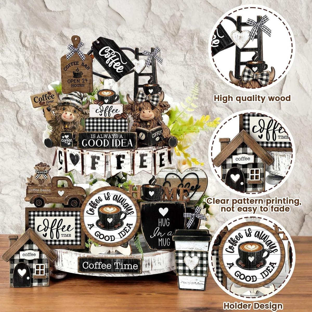 Mifoci 17 Pcs Coffee Tiered Tray Decor Farmhouse Wooden Bar Signs
