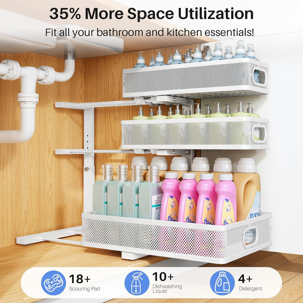 Under Sink Organizer, 3-Tier Thickened Metal Pull out Cabinet Organizer Shelf, Height Adjustable Slide out Storage Drawer Rack for Kitchen Bathroom Pantry Laundry Home Organization, 2-Pack, White