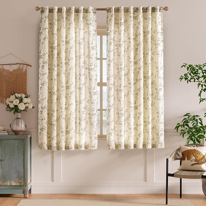 Lazzzy Linen Farmhouse Curtains Green Floral Curtains 63 Inch Length Back Tab - Image 2