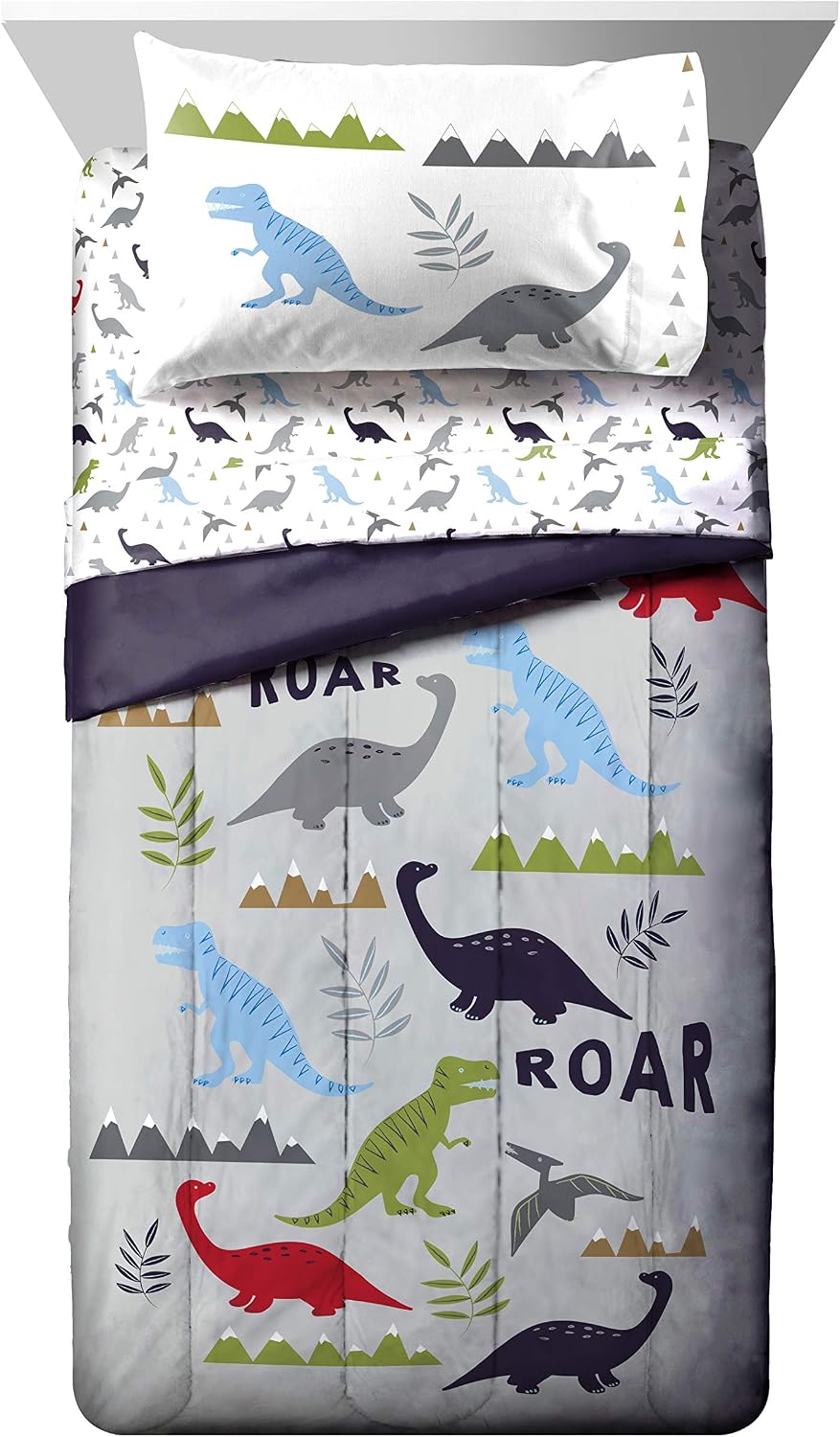 Trend Collector Dinosaur Twin Comforter Set 5 Piece Kids Bedding, Gray