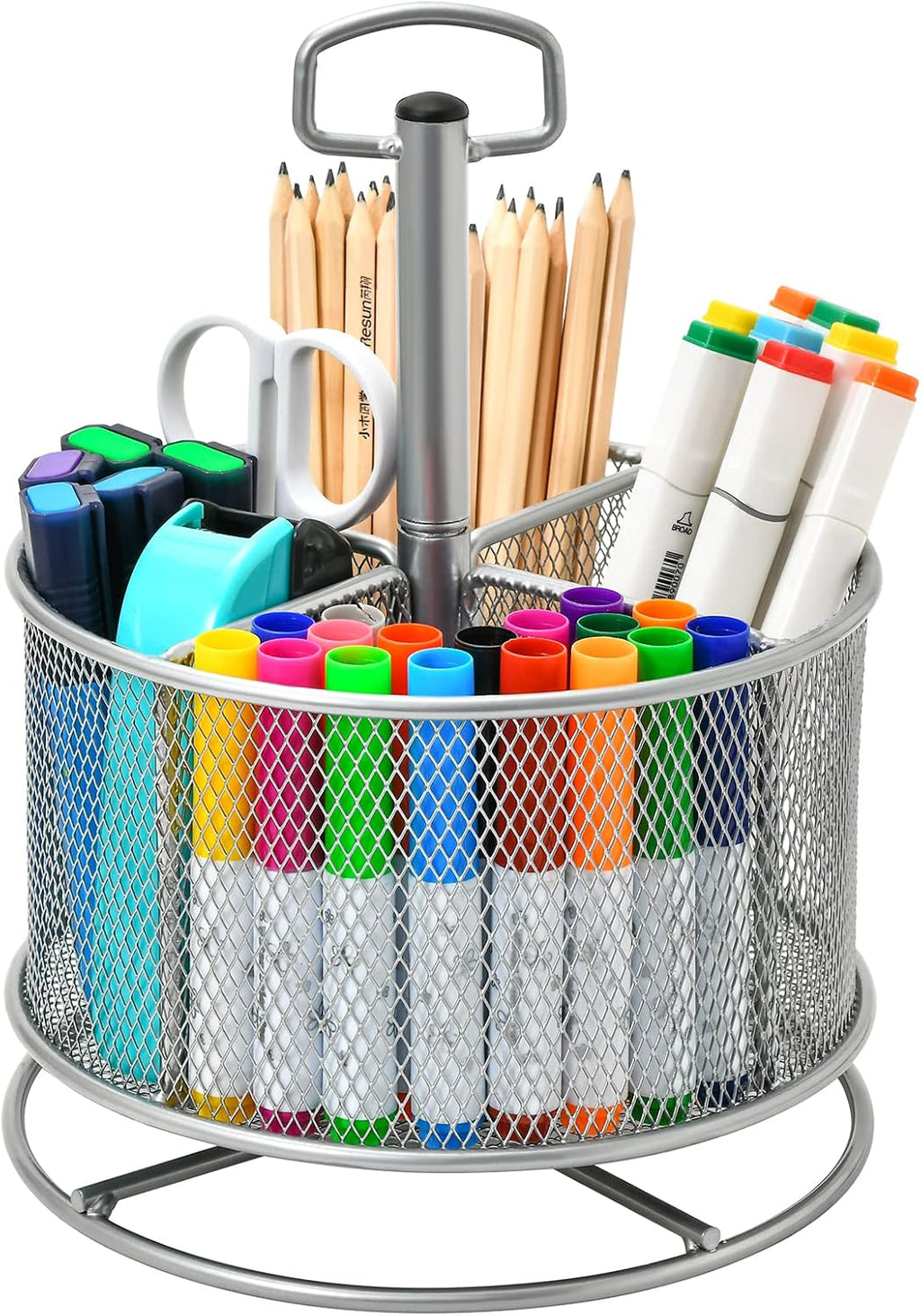 Marbrasse Mesh Desk Organizer, 360-Degree Rotating Multi-Functional Pen Holder, 4 Compartments Desktop Stationary Organizer, Home Office Art Supply Storage Box Caddy (Blue)