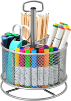 Marbrasse Mesh Desk Organizer, 360-Degree Rotating Multi-Functional Pen Holder, 4 Compartments Desktop Stationary Organizer, Home Office Art Supply Storage Box Caddy (Blue)