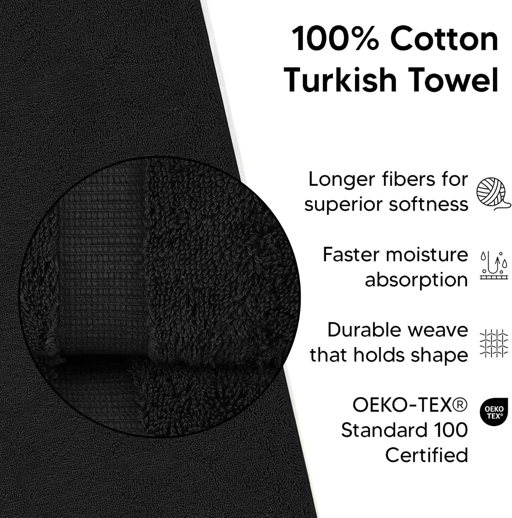 Chakir Turkish Linens 100% Cotton 6-Pack Washcloths 13x13, Black