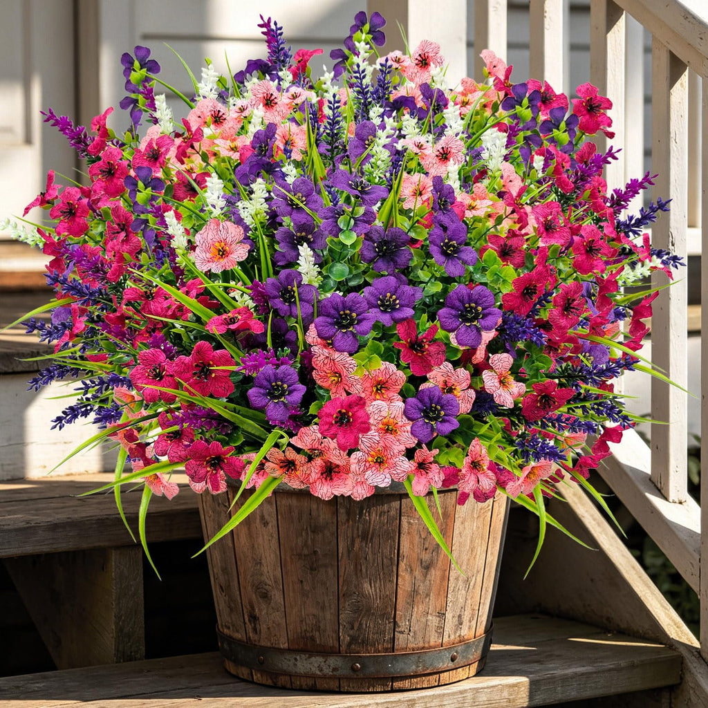 12 Bundles Artificial Flowers Outdoor Silk Fake Plants UV Resistant Faux Plastic Greenery Shrubs for Home Outside Garden Front Porch Vase Pot Planters Decor (Mix Color)