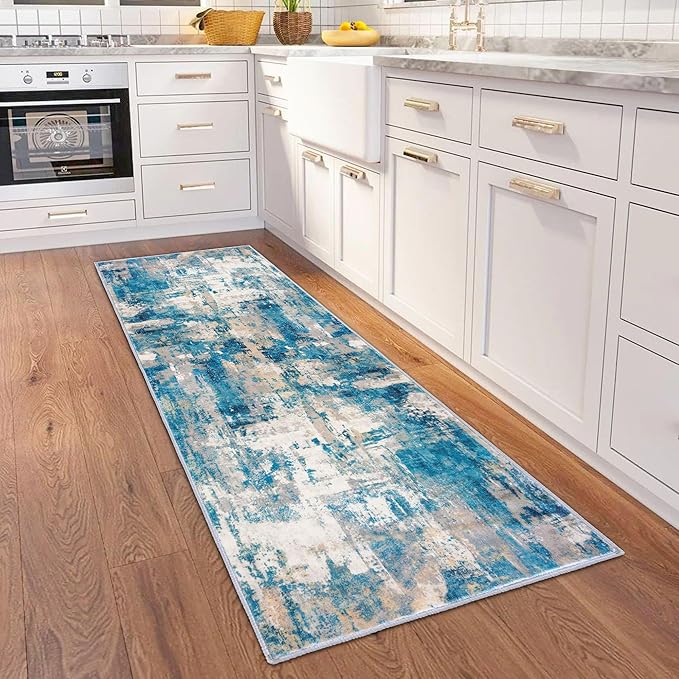 KOZYFLY Modern Abstract Runner Rug 2x6 Turquoise/Beige/Grey/Yellow Runners by KOZYFLY