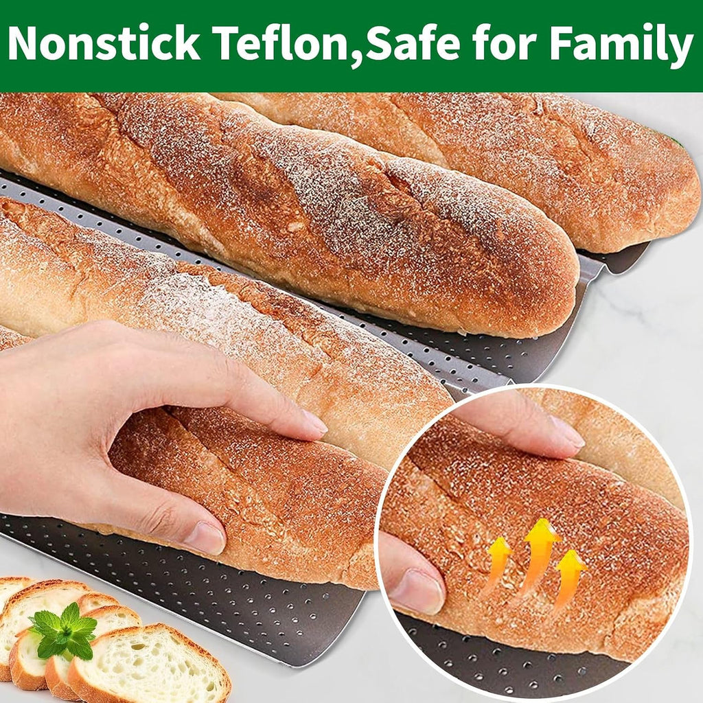 AMAGABELI 2 Pack Baguette Bread Pan 15" x 13" Nonstick Perforated Baguette Tray French Bread Baking 4 Wave Loaf Bake Mold Toast Cooking Baker Molding Gutter Oven Toaster Dishwasher Safe Silver