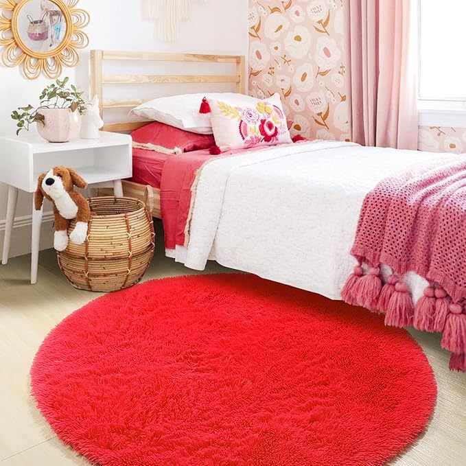 ONASAR Red Round Area Rug 4ft, Soft Bedroom Circle Rugs Floor Mat - Image 9